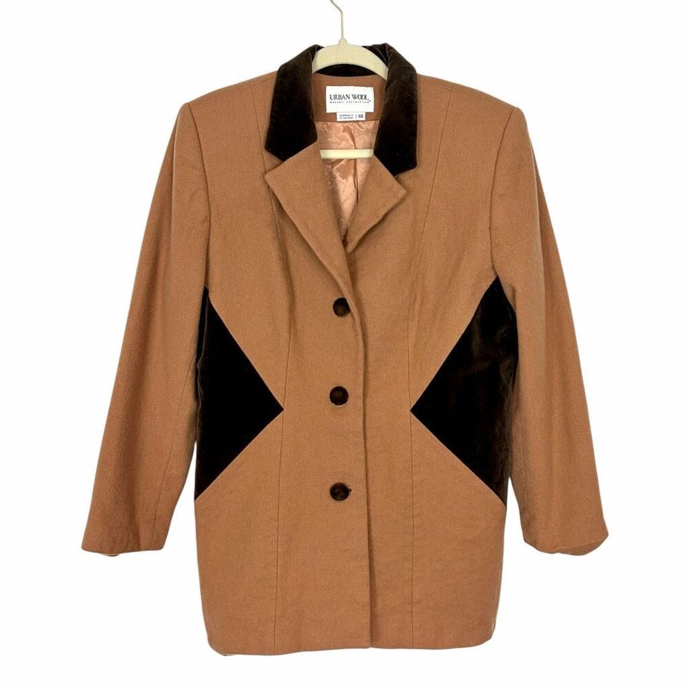 Vintage Urban Wool Blazer Womens 14 Tan Brown Merino l Velvet Trim Button Front